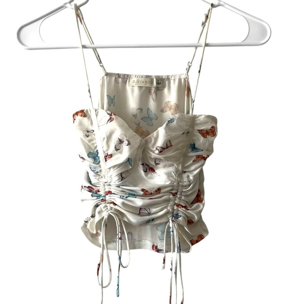 O. Vianca Butterfly Mesh Crop Top | Small | Cream white blue Multicolor